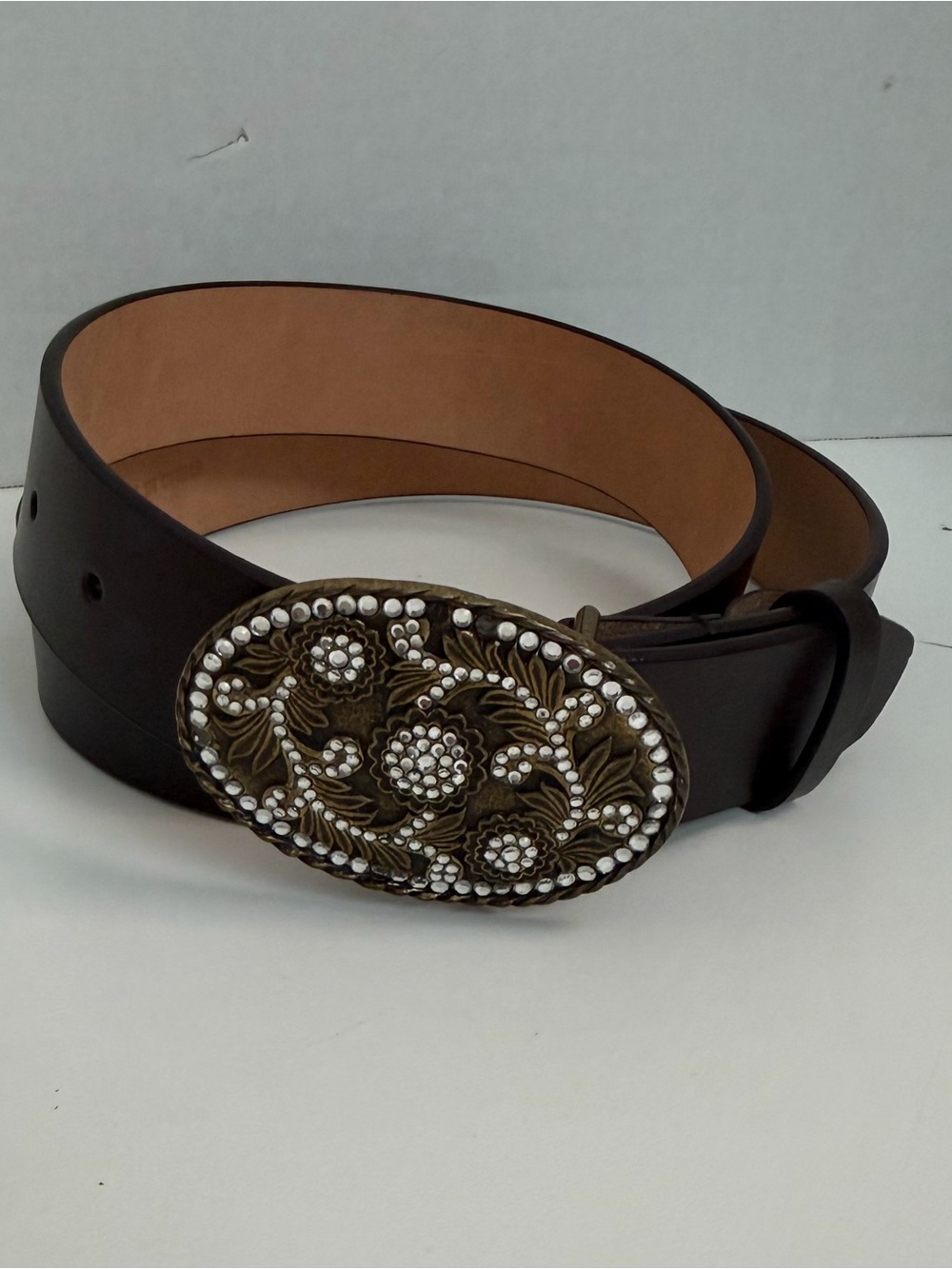 Nine West Belt Buckle Floral Gem Bedazzled Medallion Faux Leather Brown Bronze